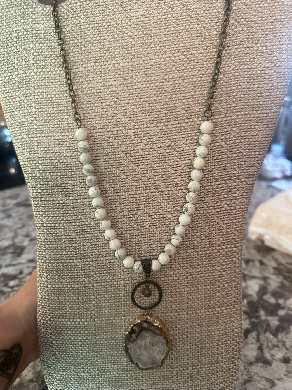 White Howlite Beaded Pendant Necklace with Druzy Agate Accent